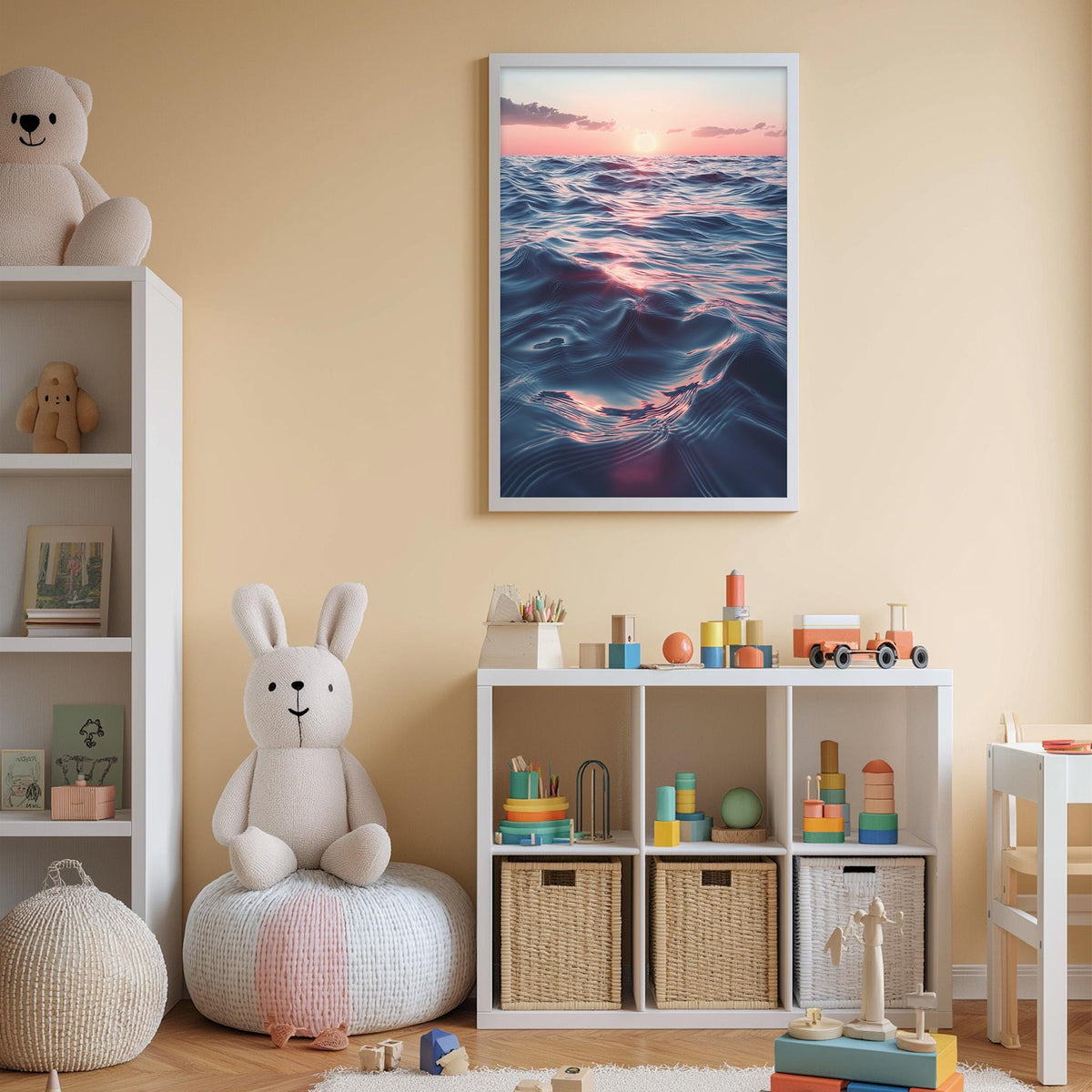 A child's bedroom with a large stuffed bunny, a bookshelf, and a toy chest filled with toys. The walls are painted a light peach color, and there is a framed picture of a sunset over the ocean hanging on the wall.