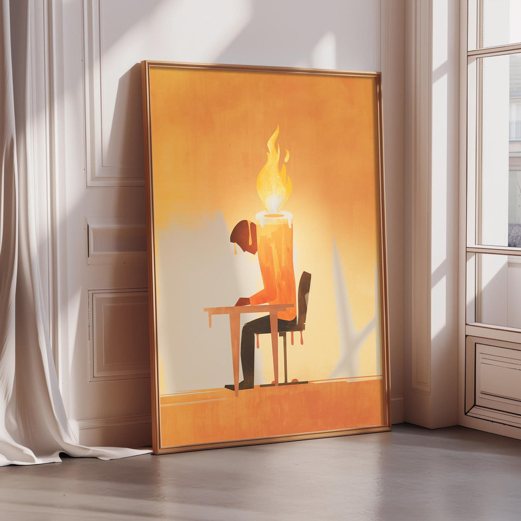 The image is a framed artwork depicting a person sitting at a desk with a lit candle in front of them.