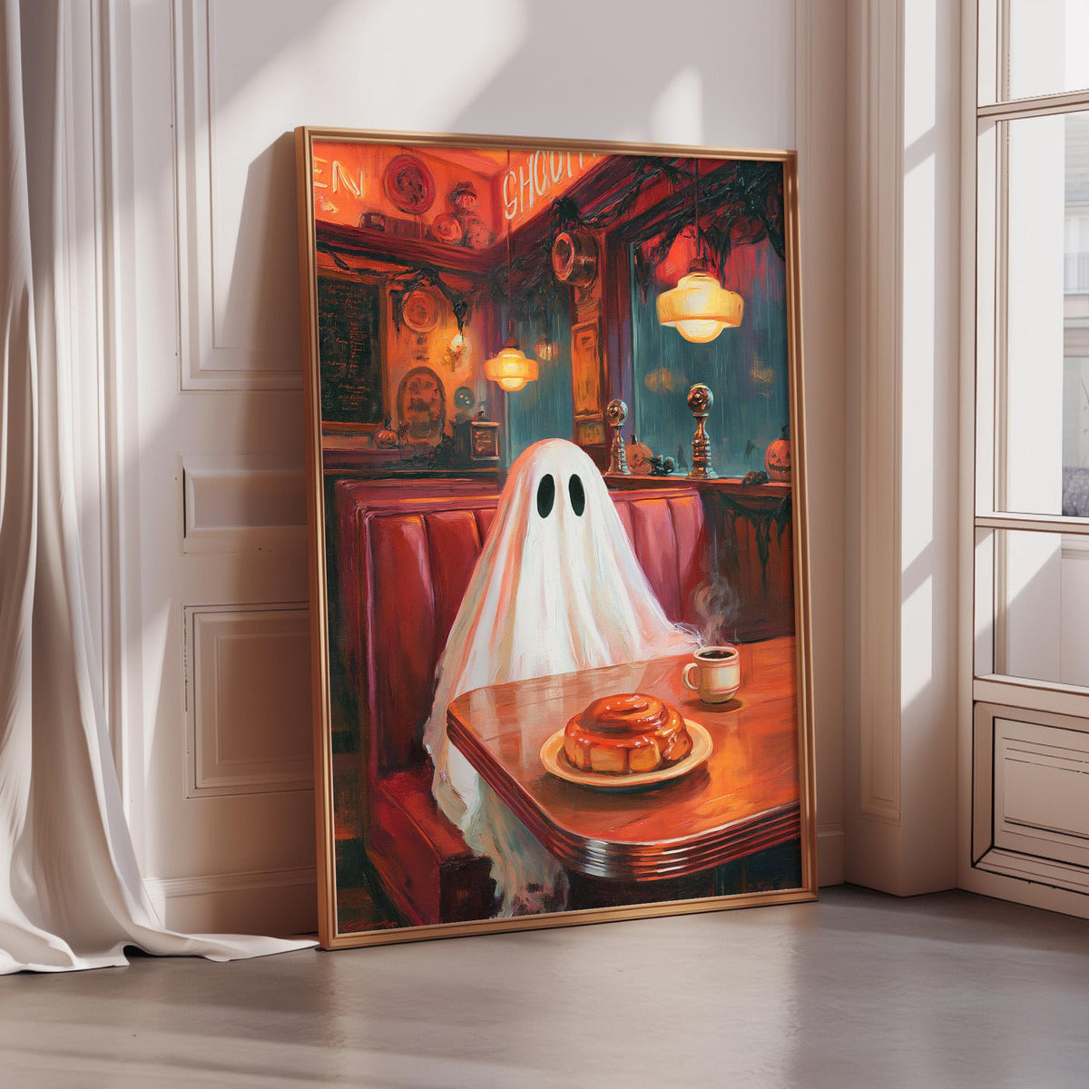 The image is a painting depicting a ghost sitting at a table in a restaurant, with a plate of food and a cup of coffee on the table.