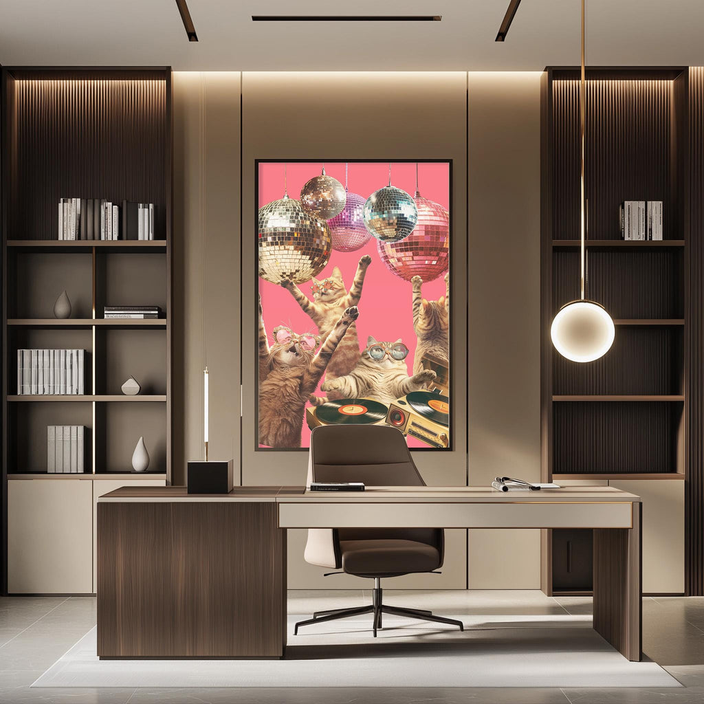 a modern office space with a large framed poster featuring cats and disco balls on the wall. The office has a wooden desk, a chair, and a bookshelf. The overall design and decor create a stylish and contemporary atmosphere.