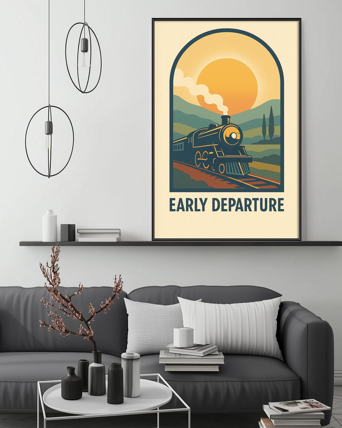 a poster of a train on the wall, with the text "Early Departure" below it.