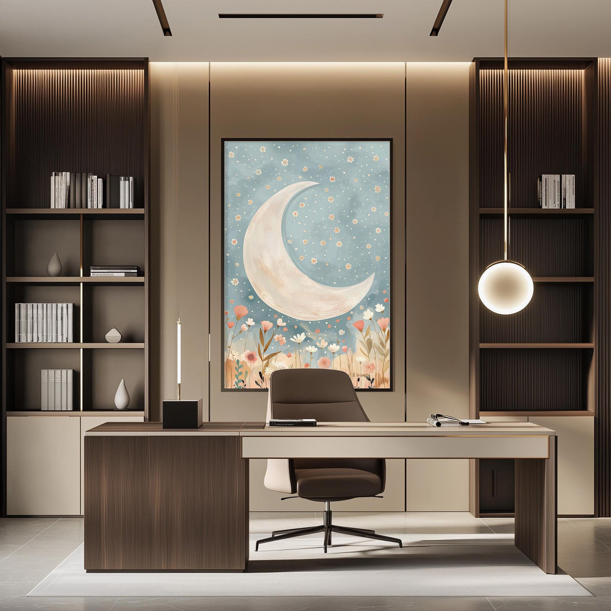 a modern and well-lit office space with a large framed artwork of a crescent moon and flowers on the wall. The office features a wooden desk, a comfortable-looking chair, and a pendant light above the desk.