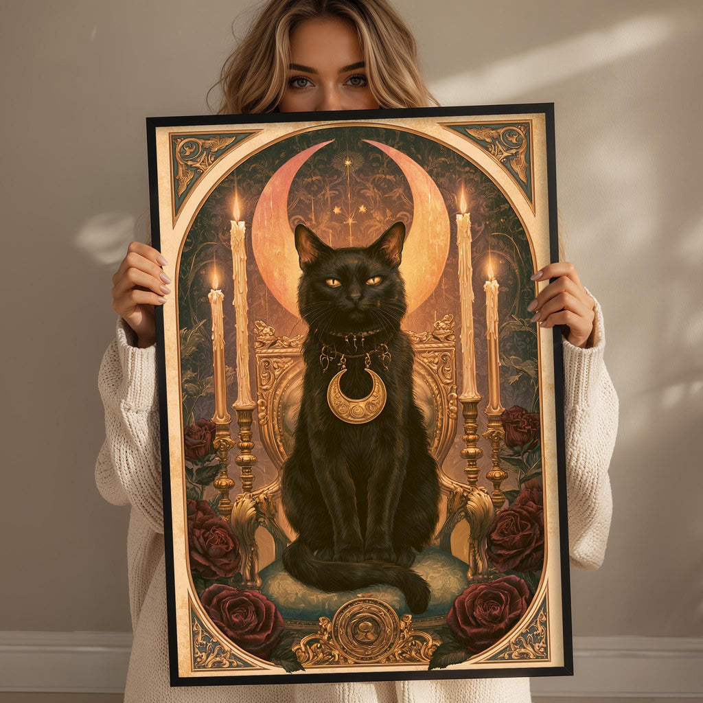 A woman holds up a framed painting of a black cat sitting on a throne, surrounded by roses and candles.