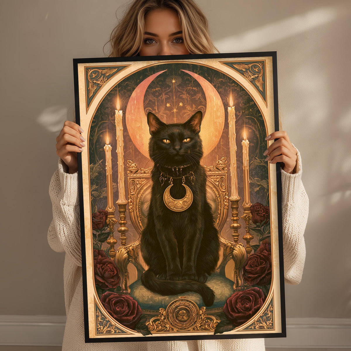 A woman holds up a framed painting of a black cat sitting on a throne, surrounded by roses and candles.