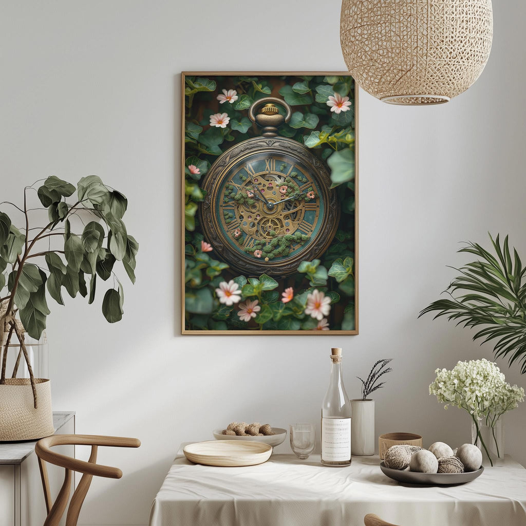 a clock with a floral design on its face, hanging on a wall above a table with various decorative items and plants.