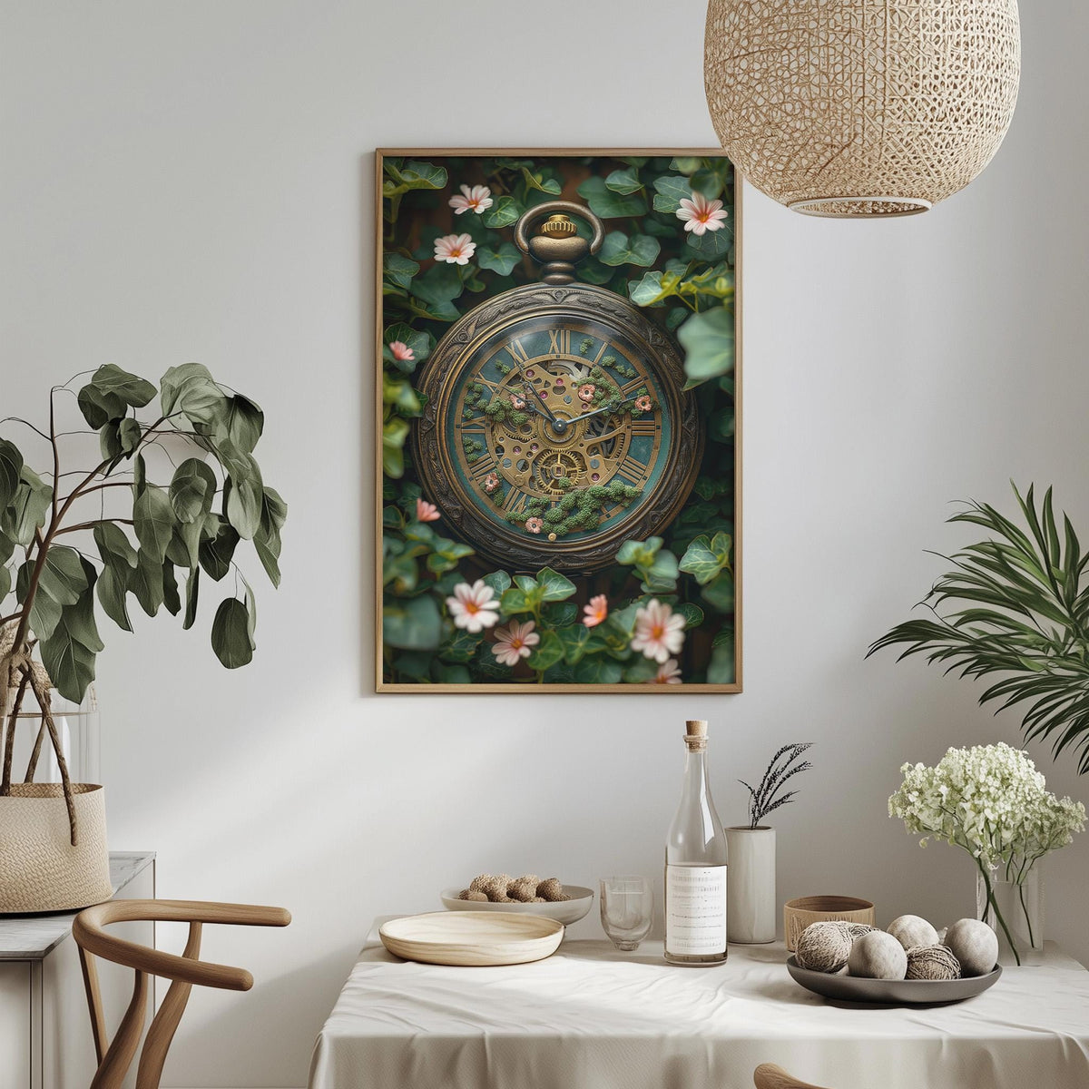 a clock with a floral design on its face, hanging on a wall above a table with various decorative items and plants.