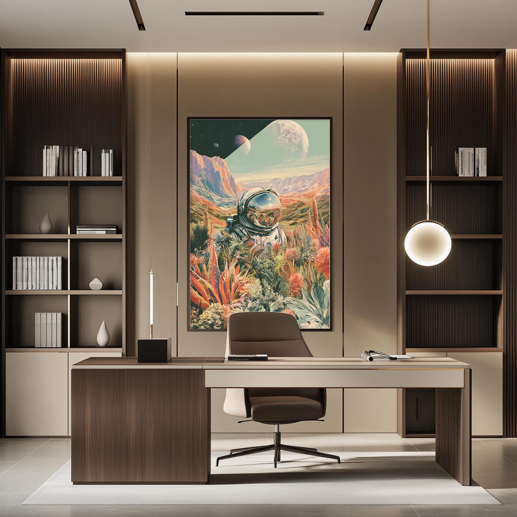 a modern office space with a large, colorful painting of an astronaut on the wall, surrounded by a desert landscape. The office features a desk, chair, and shelving units, creating a professional and creative atmosphere.