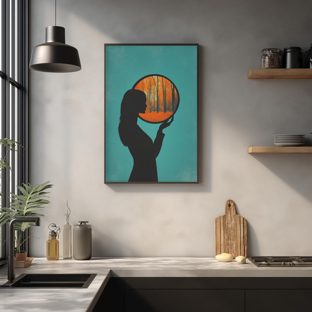 a kitchen counter with various kitchen items, including a cutting board, a sink, and a plant. Above the counter, there is a framed artwork depicting a silhouette of a person holding a bowl, with a tree in the background.