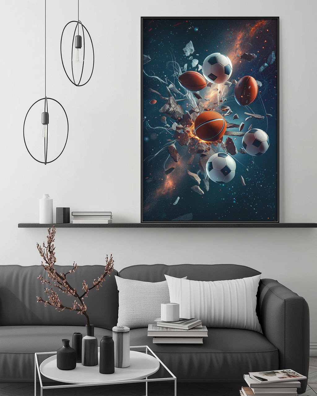a modern living room with a gray sofa, a coffee table, and a large framed artwork depicting a vibrant, abstract scene with soccer balls and other objects floating in a cosmic space.