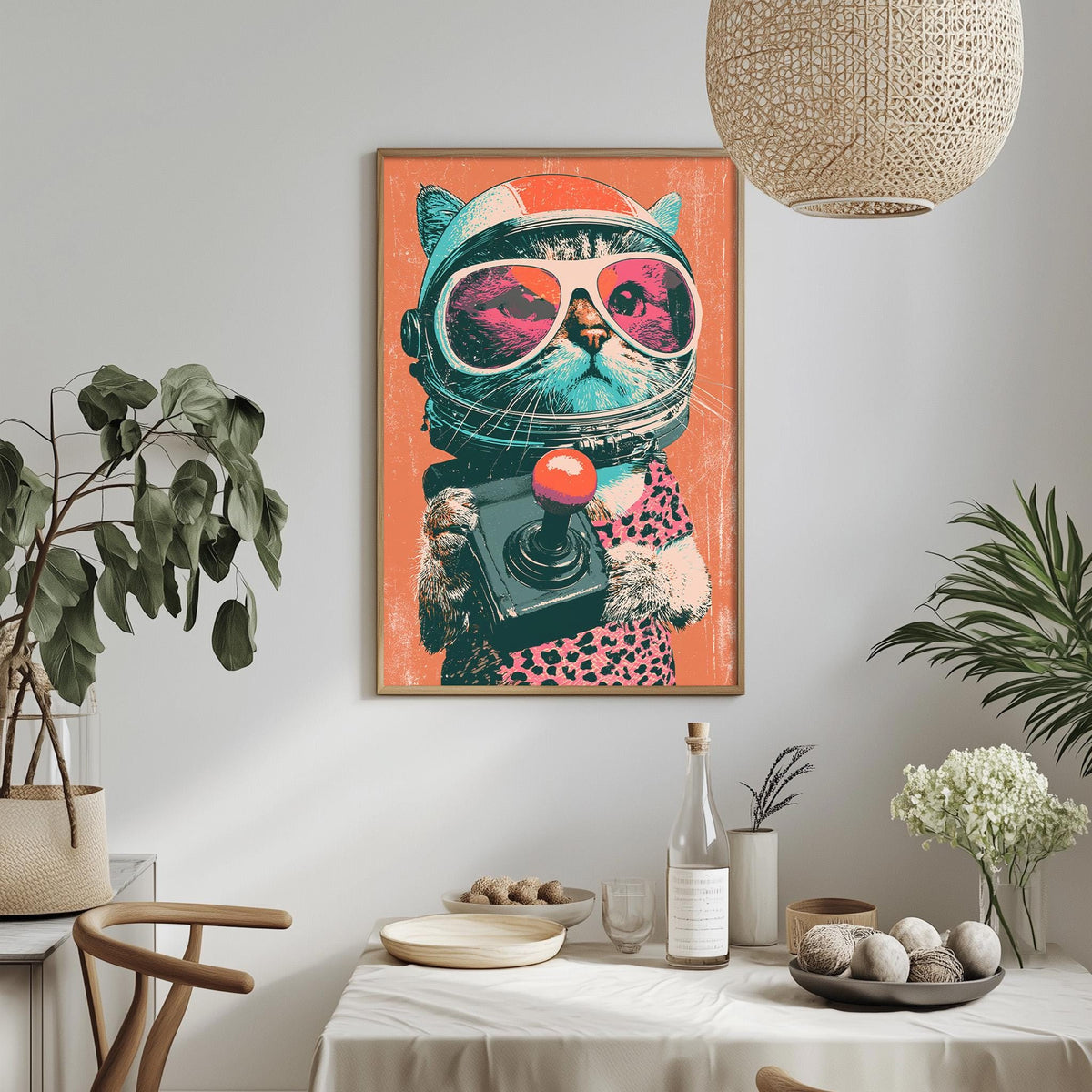 a vibrant and whimsical cat wearing a helmet and sunglasses, holding a camera, and surrounded by various decorative elements such as plants, bowls, and a table setting.