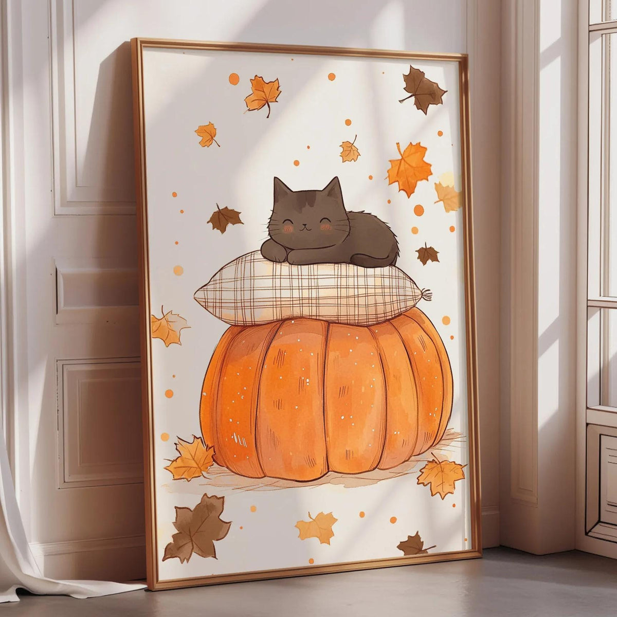 A framed illustration of a cat resting on a pillow, with a pumpkin and autumn leaves in the background.