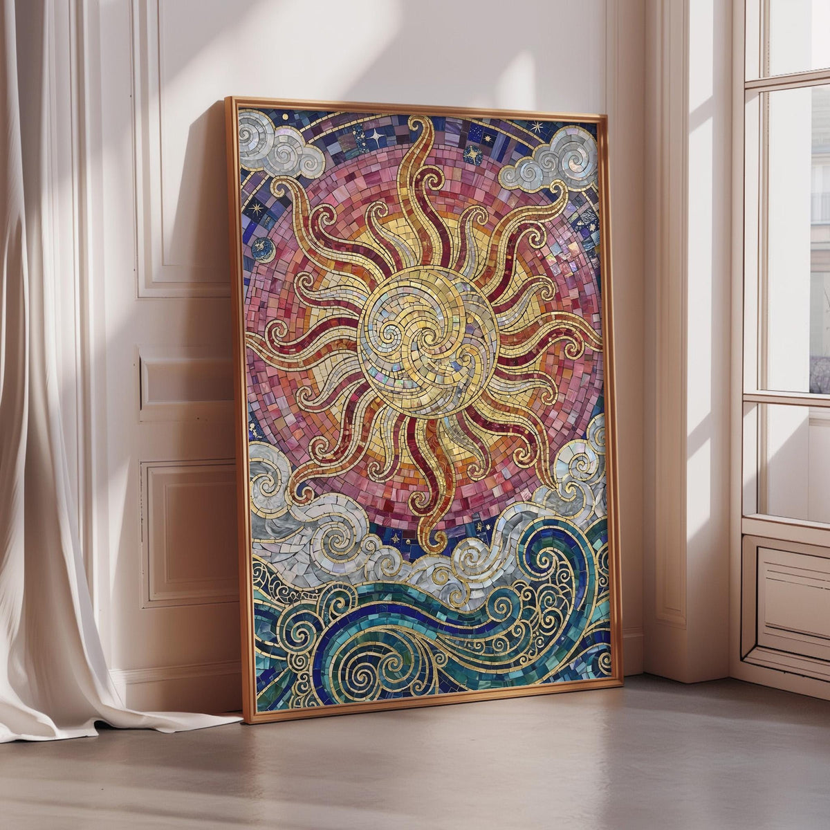 A large, ornate, and colorful mosaic artwork depicting a sun-like figure surrounded by swirling patterns and designs in various colors.