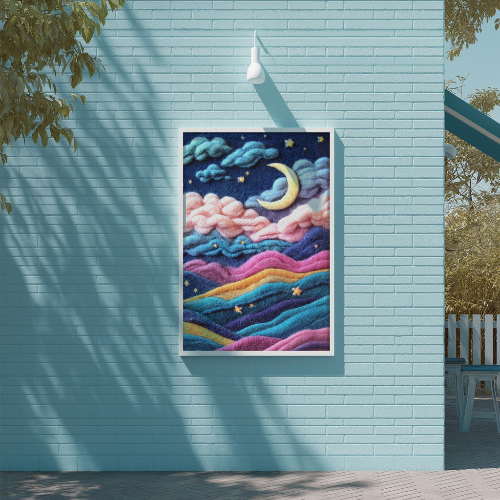 a large, colorful painting of a night sky with clouds, stars, and a crescent moon, hanging on a blue brick wall.