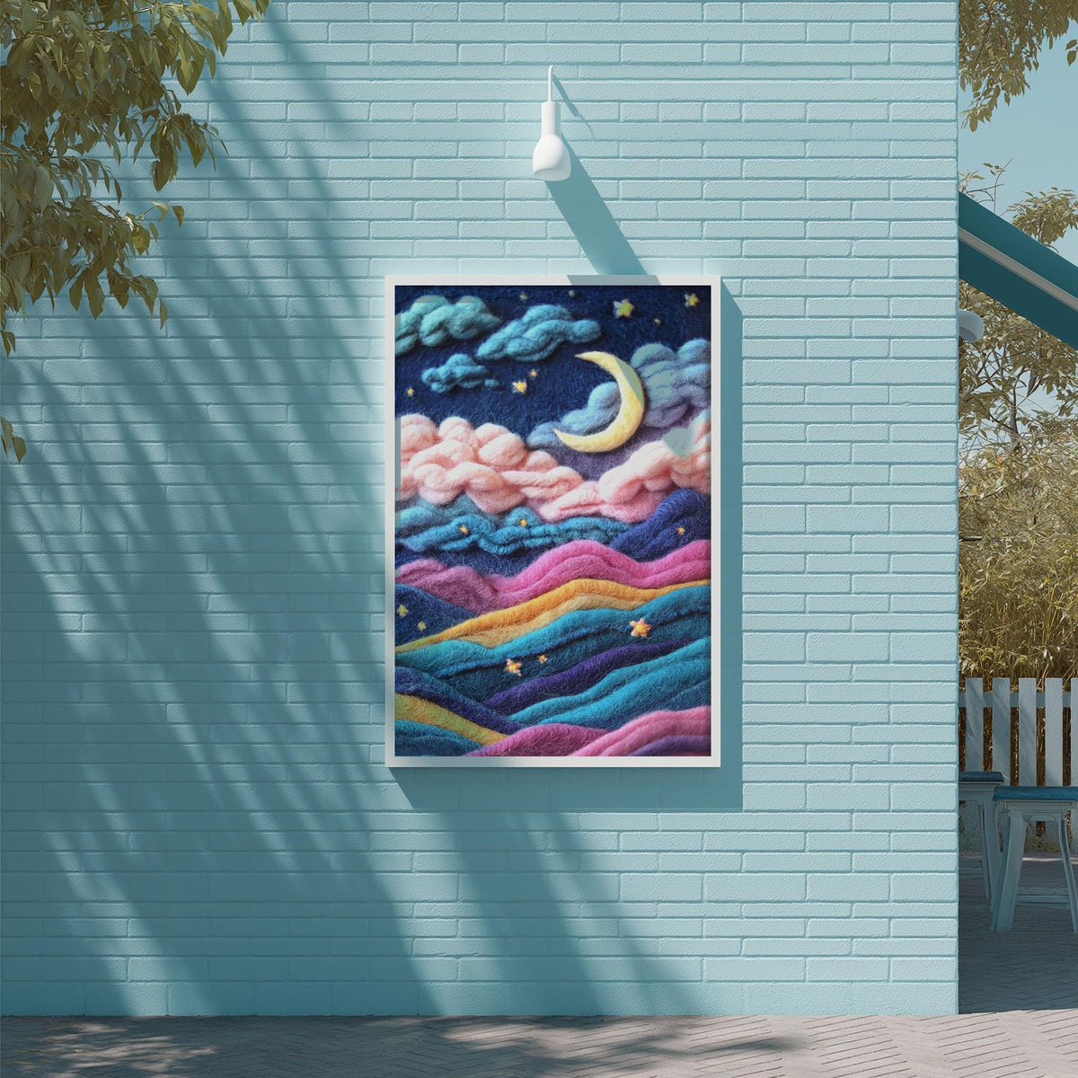a large, colorful painting of a night sky with clouds, stars, and a crescent moon, hanging on a blue brick wall.