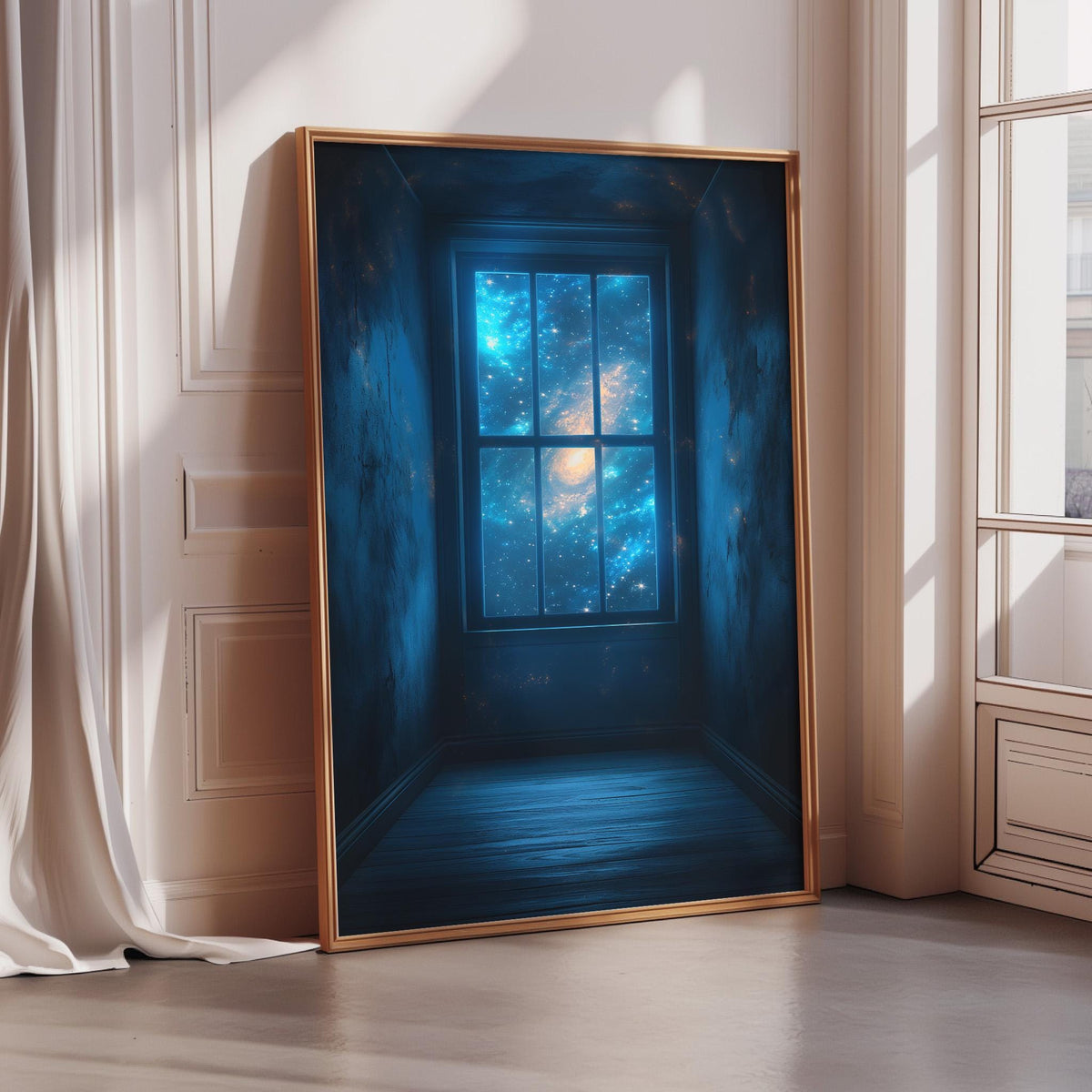 a large, framed picture of a window with a view of a starry night sky, creating a serene and dreamy atmosphere.