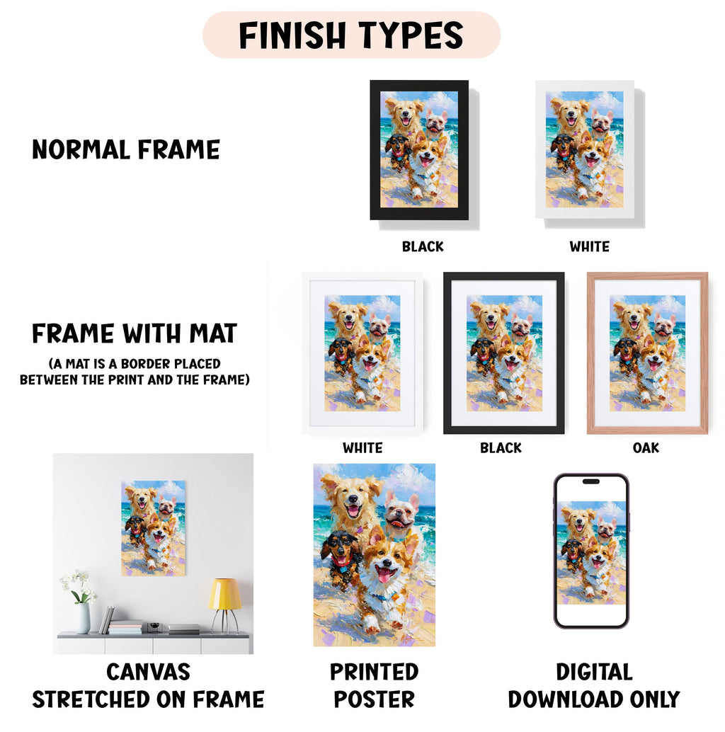 various finish types for a canvas print, including a normal frame, a frame with a mat, white, black, and oak frames, and a digital poster and printed poster.