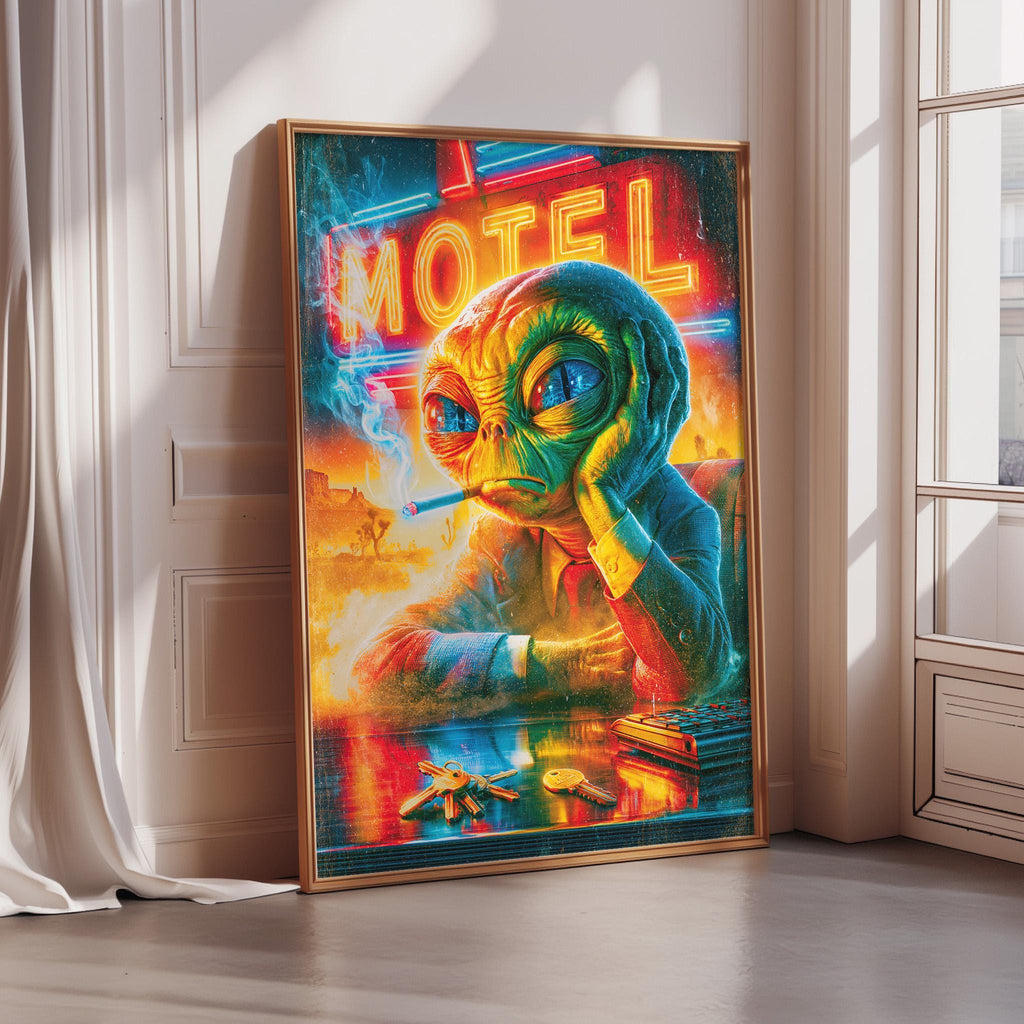 The image is a vibrant and colorful painting depicting an alien character sitting at a table with various objects, including a cigarette, a book, and a keychain.