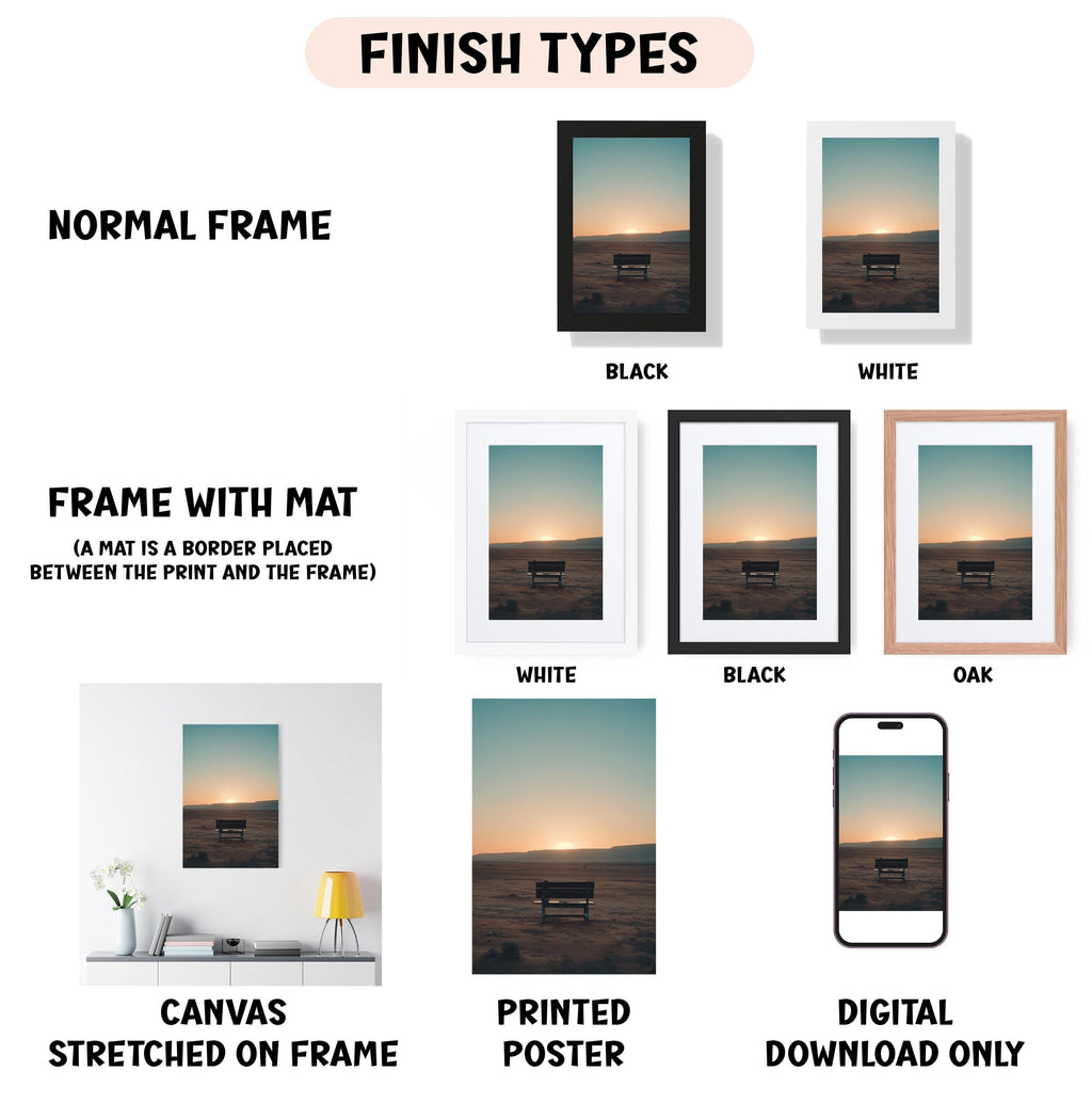 various types of artwork, including a normal frame, a frame with a mat, a white frame, a black frame, a white frame, a black frame, an oak frame, a canvas stretched on a frame, a printed poster, and a digital download only.