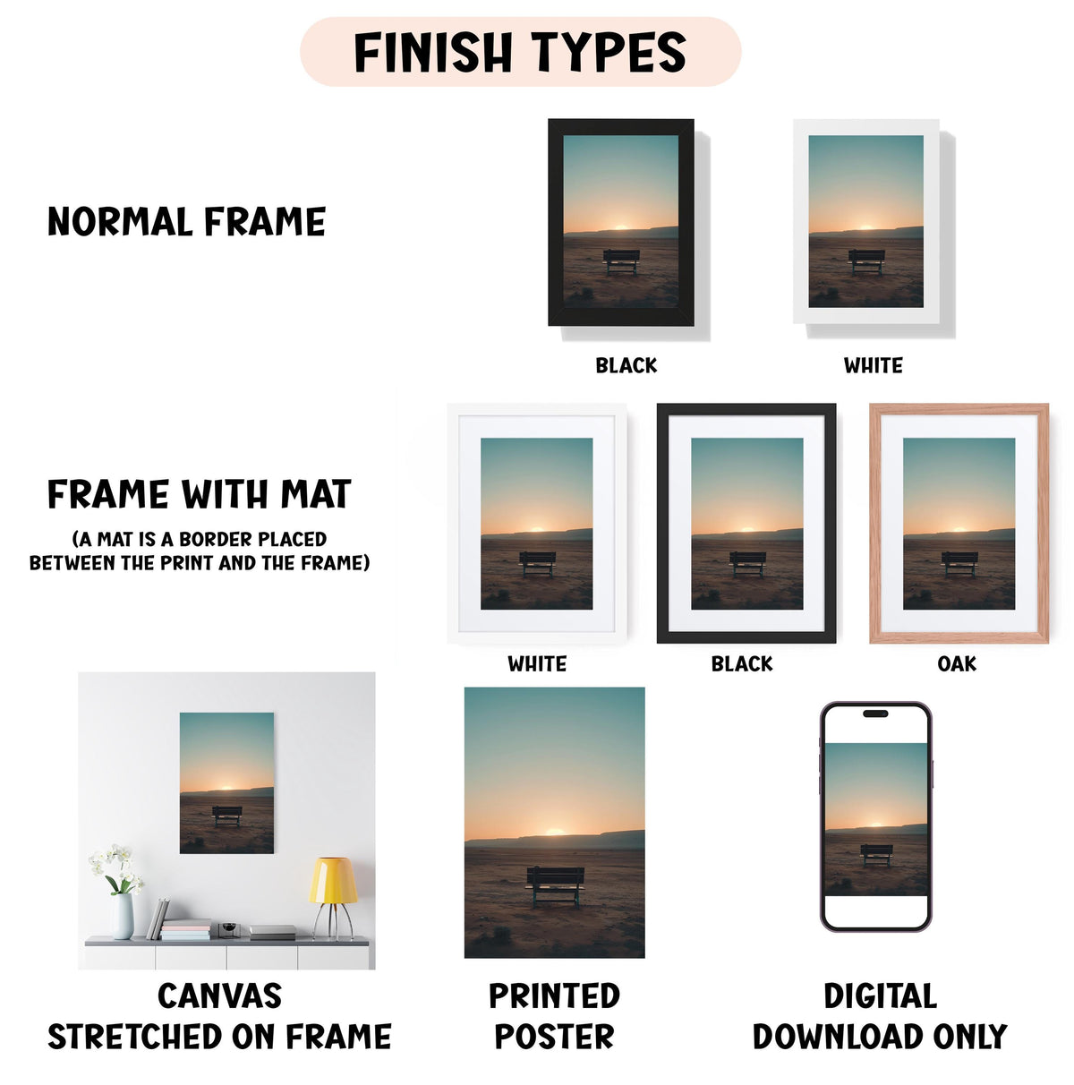 various types of artwork, including a normal frame, a frame with a mat, a white frame, a black frame, a white frame, a black frame, an oak frame, a canvas stretched on a frame, a printed poster, and a digital download only.
