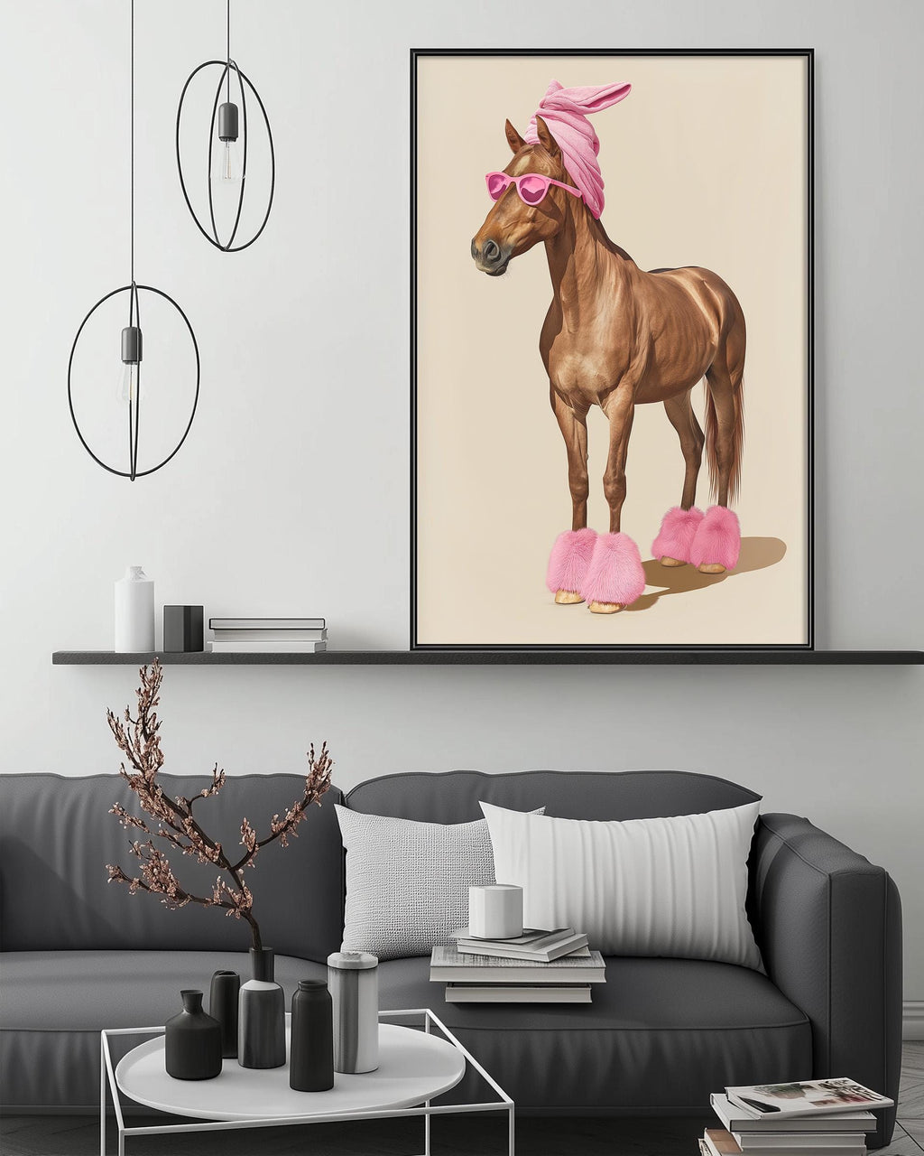 a brown horse wearing pink sunglasses and pink pom poms on its feet, standing on a white couch in a modern living room setting with a black coffee table and a shelf with decorative items.