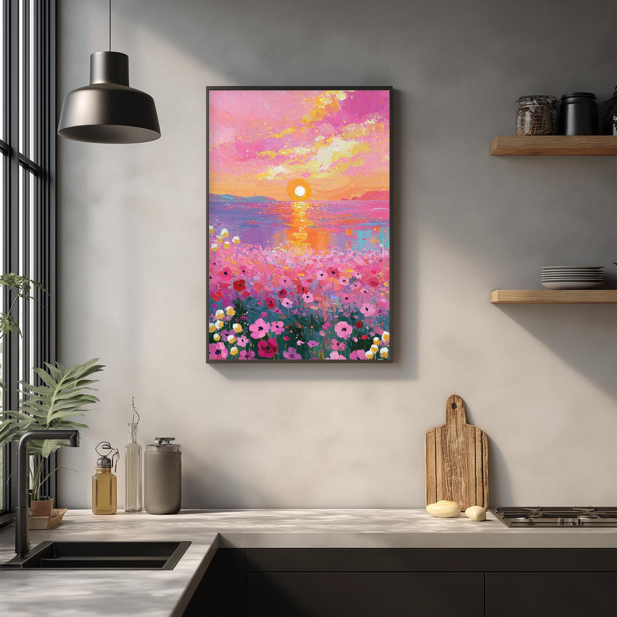 a kitchen counter with a framed painting of a colorful sunset over a field of flowers hanging above it. The painting is vibrant and full of life, creating a warm and inviting atmosphere in the kitchen.