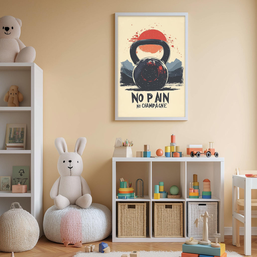 a child's bedroom with a large poster on the wall that says "NO PAIN NO CHAMPAGNE" and a stuffed rabbit sitting on a bean bag chair. The room also contains a bookshelf, a toy chest, and various toys and decorations.