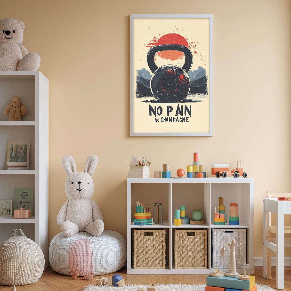 a child's bedroom with a large poster on the wall that says "NO PAIN NO CHAMPAGNE" and a stuffed rabbit sitting on a bean bag chair. The room also contains a bookshelf, a toy chest, and various toys and decorations.