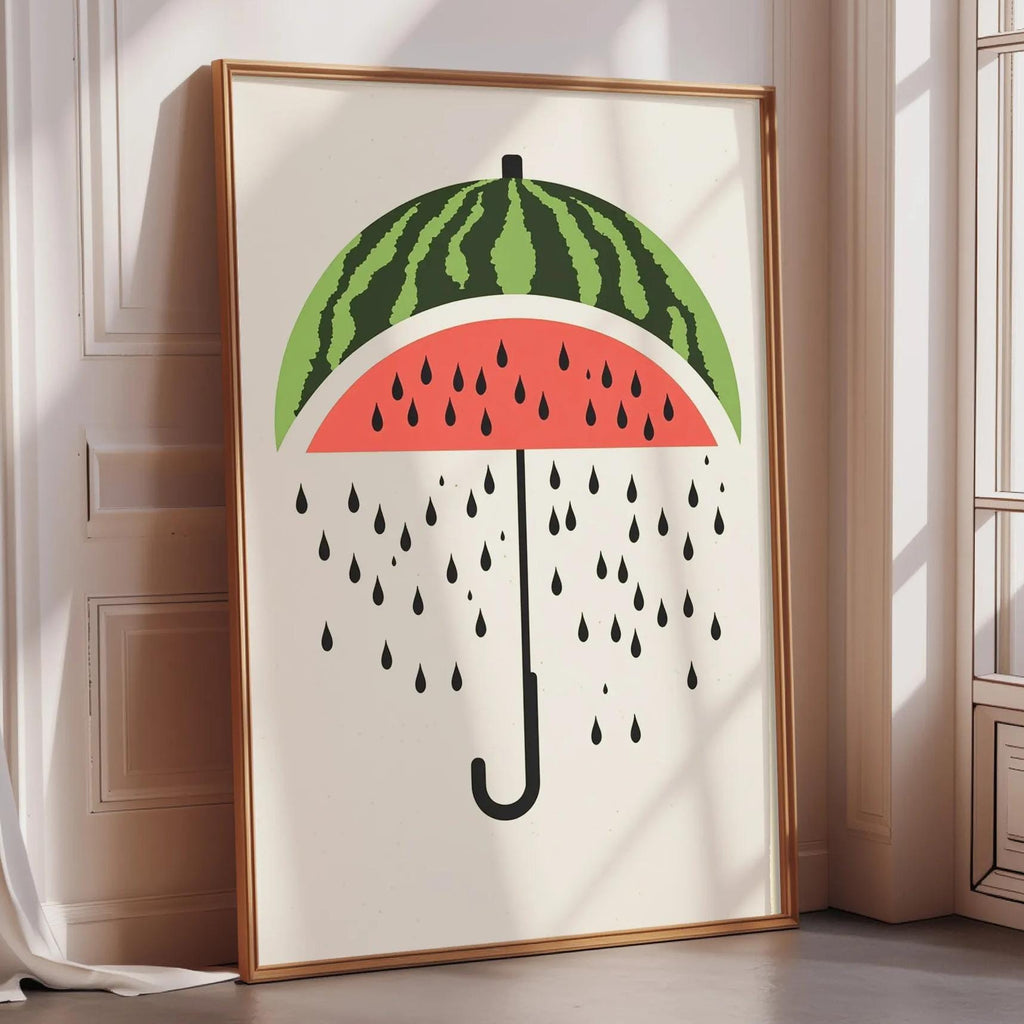 A framed poster depicting a watermelon with a green stem and a red interior, with water droplets falling from the top.