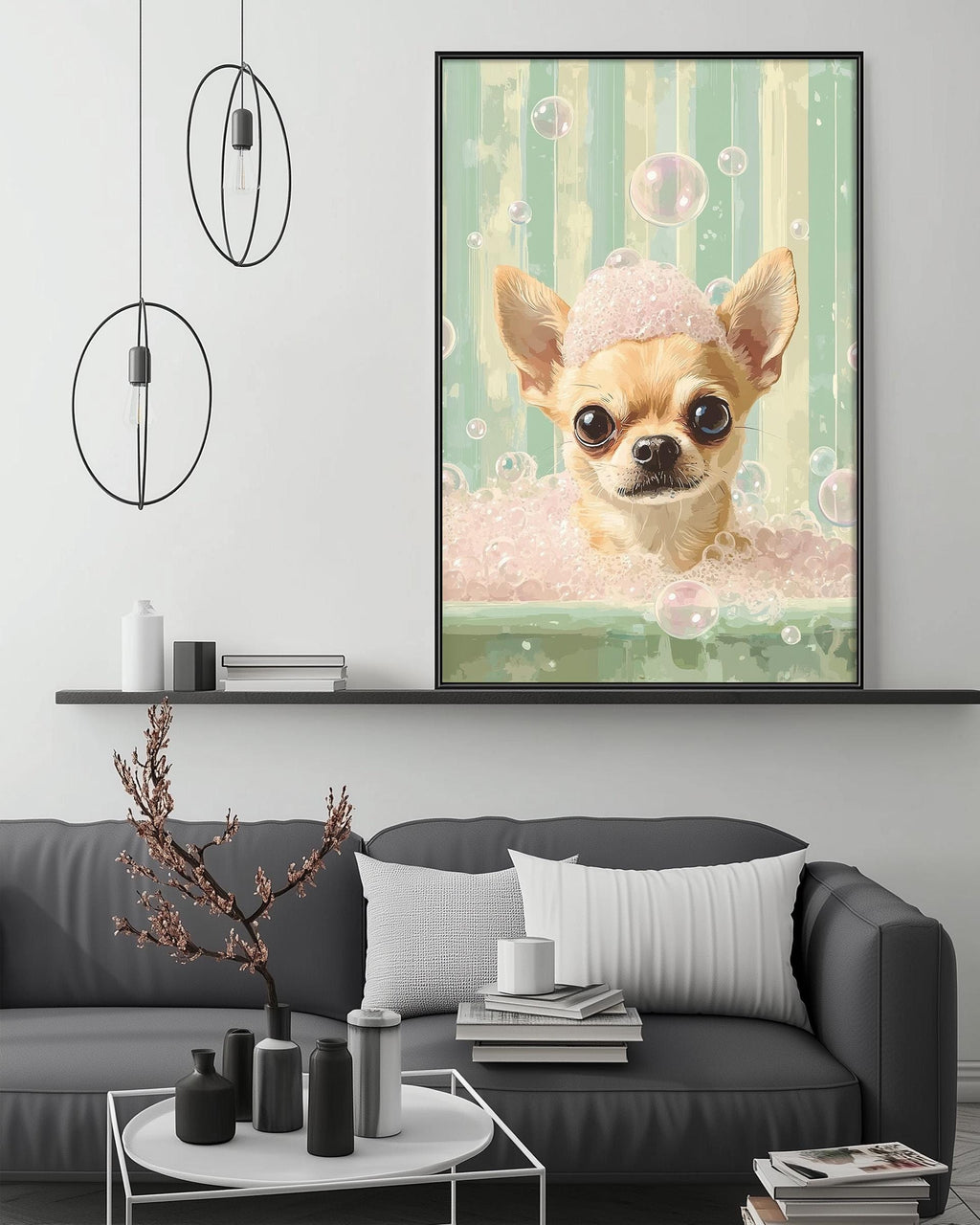a cozy living room with a gray couch, a coffee table, and a framed picture of a chihuahua in a bathtub surrounded by bubbles.