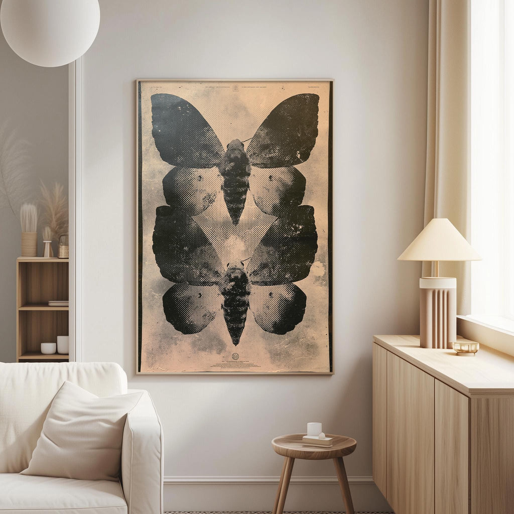 a large framed print of a butterfly on a wall in a living room.