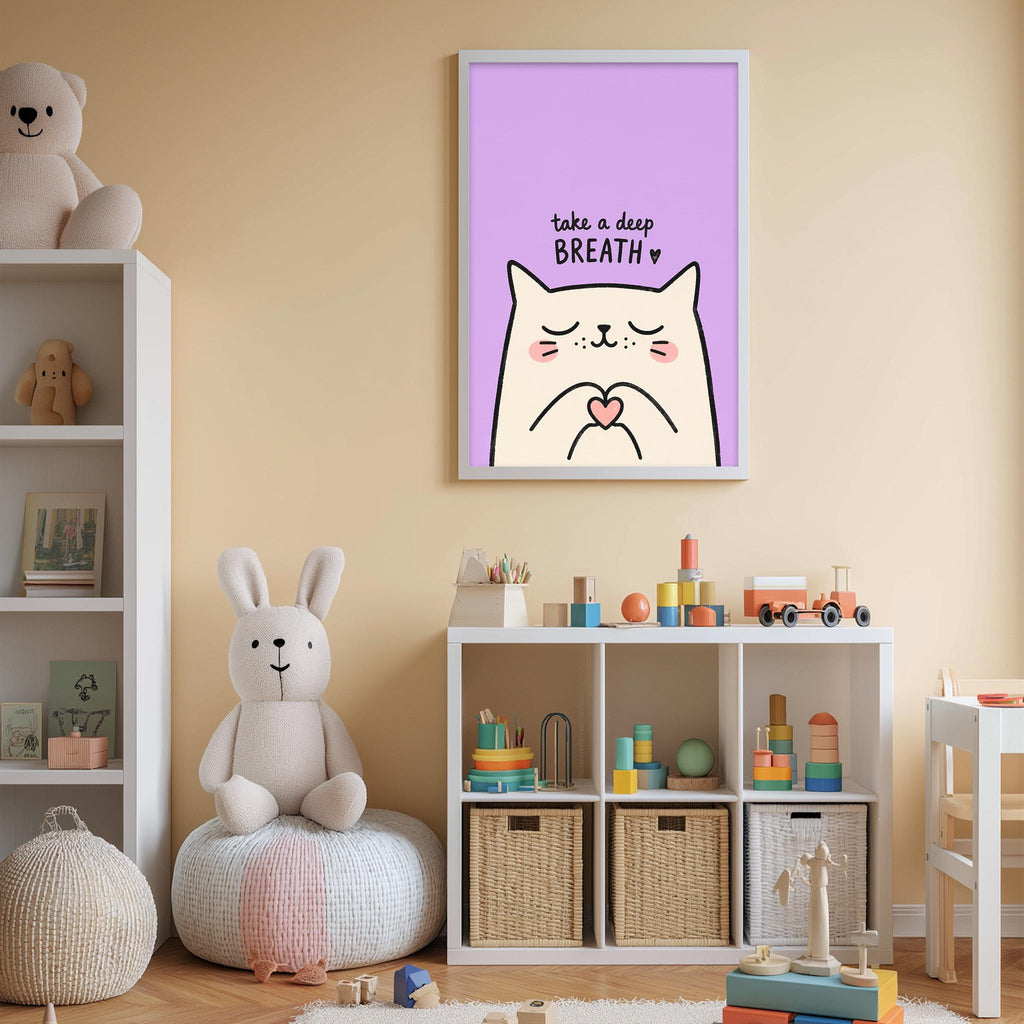 A child's bedroom with a white bookshelf, a stuffed rabbit, a cat poster, and a toy train set.