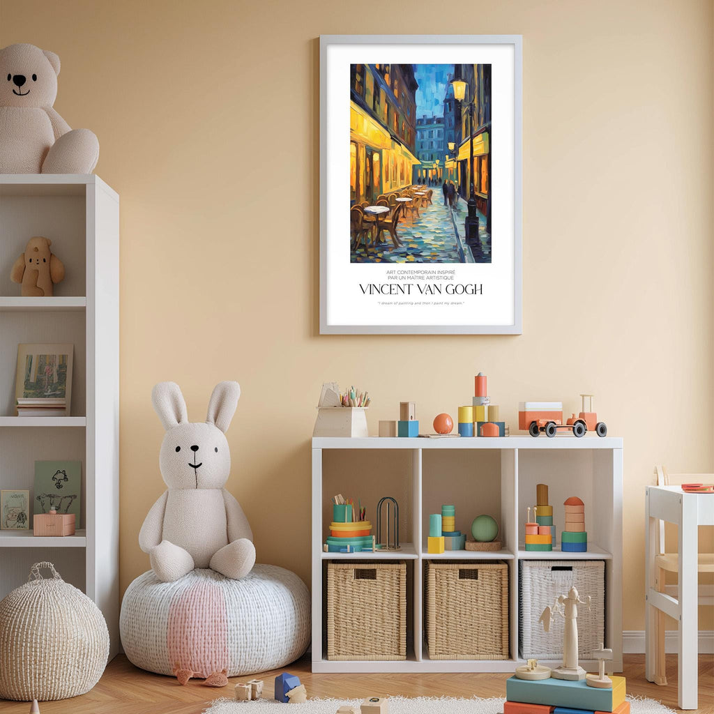 a child's bedroom with a large framed painting of a street scene hanging on the wall, a white bookshelf filled with toys, and a white bean bag chair.