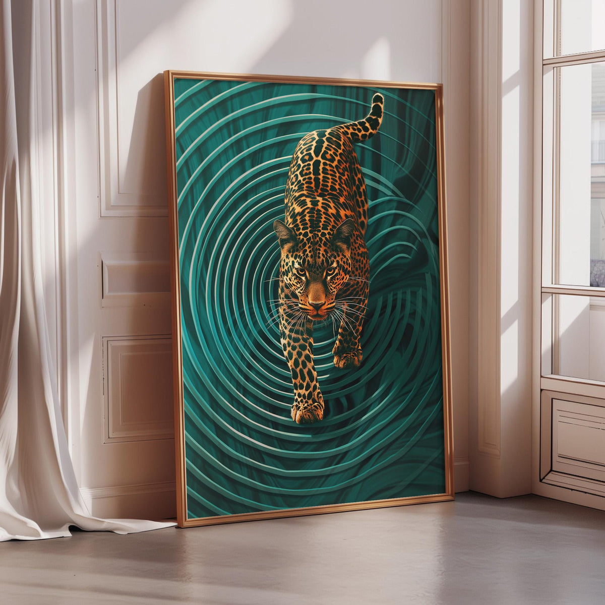 a large, framed painting of a leopard on a green background with concentric circles.