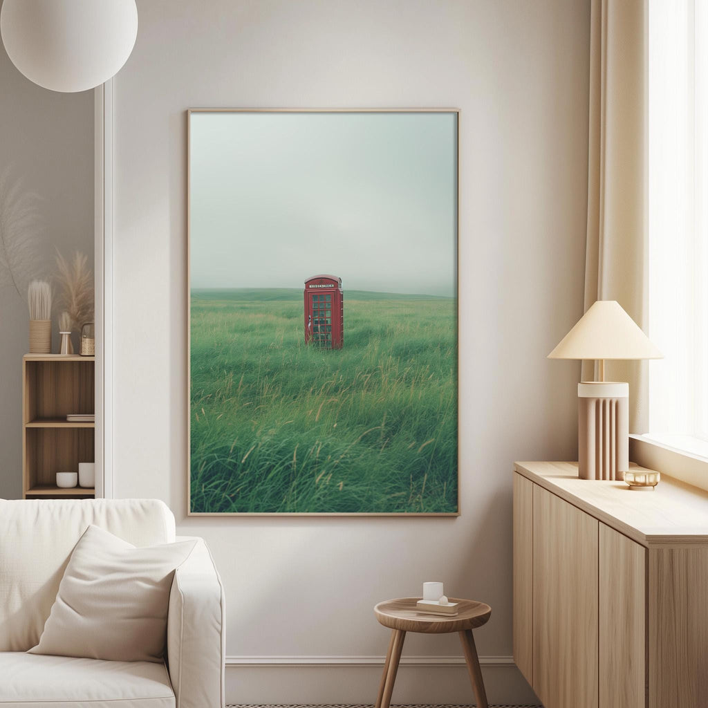 a large framed picture of a red telephone booth in a grassy field, hanging on a wall in a living room.