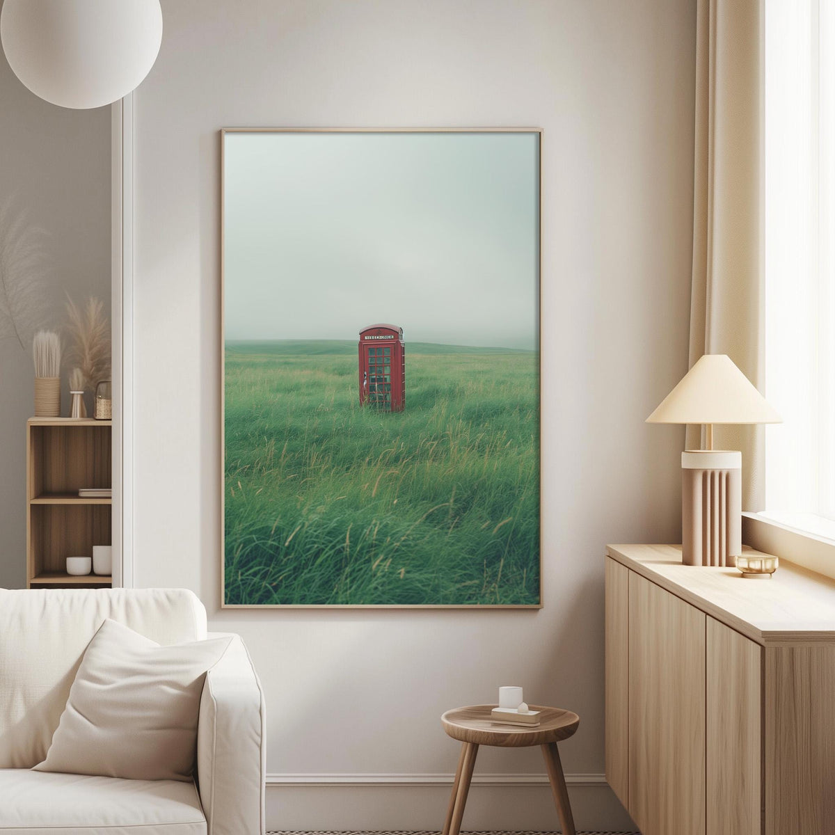 a large framed picture of a red telephone booth in a grassy field, hanging on a wall in a living room.