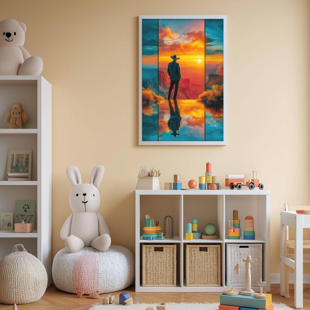 a child's bedroom with a large stuffed rabbit sitting on a bean bag chair, surrounded by a variety of toys and storage bins. A framed painting of a person in a cowboy hat is displayed on the wall above the storage bins.