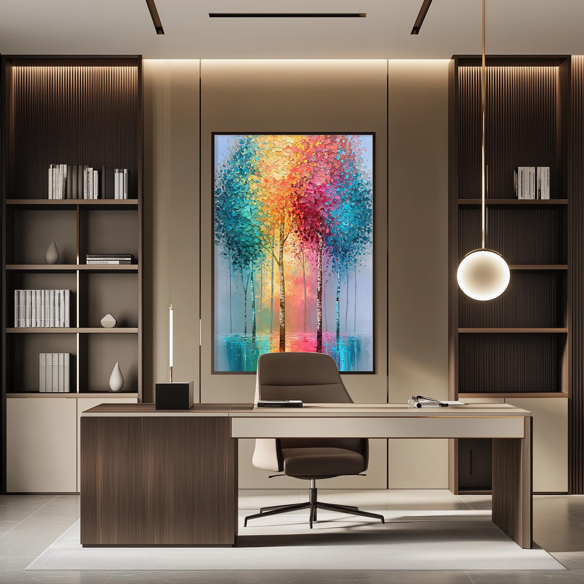 a modern and stylish office space with a large, colorful painting of trees on the wall. The office features a wooden desk with a chair, a bookshelf, and a pendant light, creating a comfortable and functional workspace.