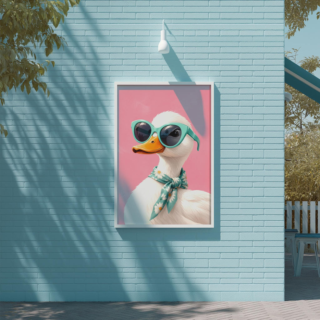A framed image of a duck wearing sunglasses and a scarf is displayed on a blue brick wall.