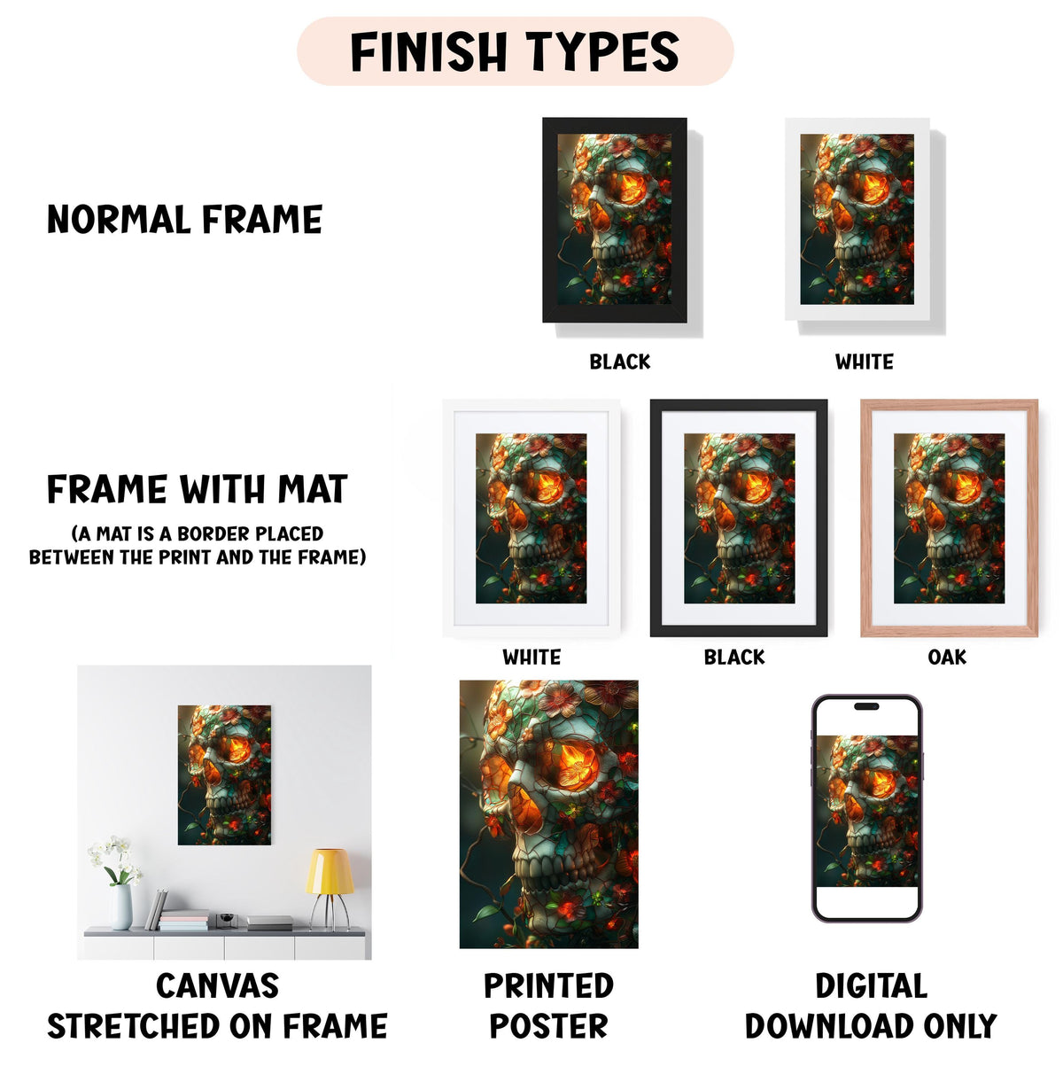 various framed artworks, including a skull with a mat placed between the print and the frame, a white frame with a black mat, a black frame with a white mat, a white frame with a black mat, a black frame with an oak mat, and a white frame with a black mat. The artworks are displayed in different frame types, such as canvas stretched on frame, printed poster, and digital download only.