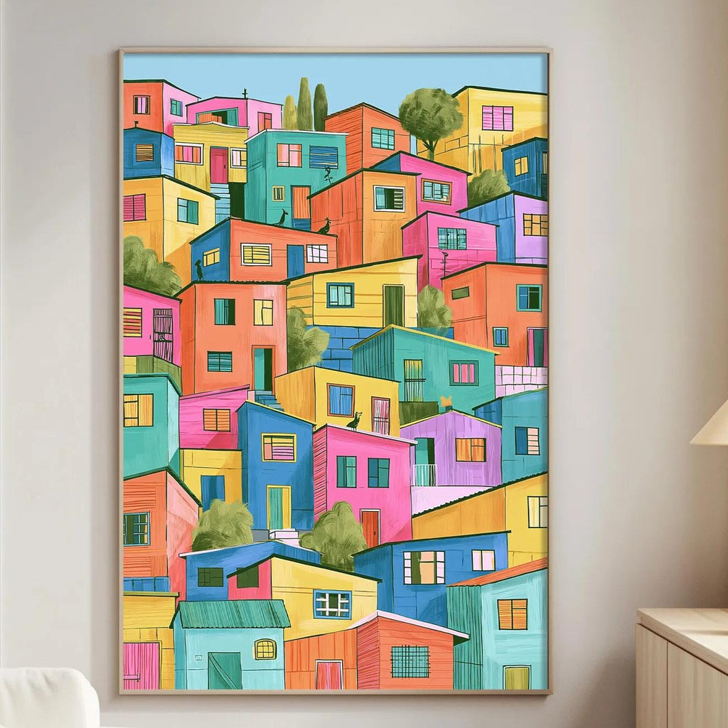 a vibrant, colorful painting of a cityscape, hanging on the wall of a living room.