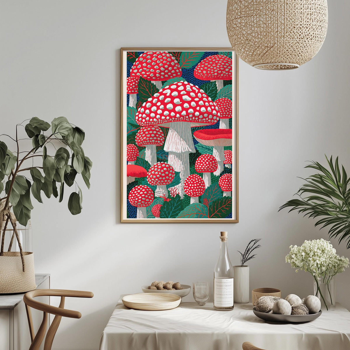 a dining table with a white tablecloth, surrounded by chairs. On the table, there are various items such as a bottle, a bowl, and a vase. Above the table, there is a framed picture of red and white mushrooms hanging on the wall.