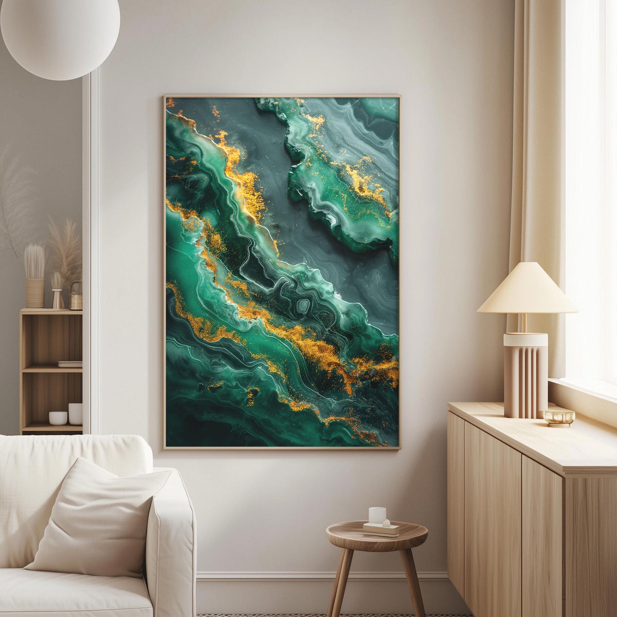 a large abstract painting with a vibrant mix of green and gold colors, hanging on a wall in a modern living room setting.