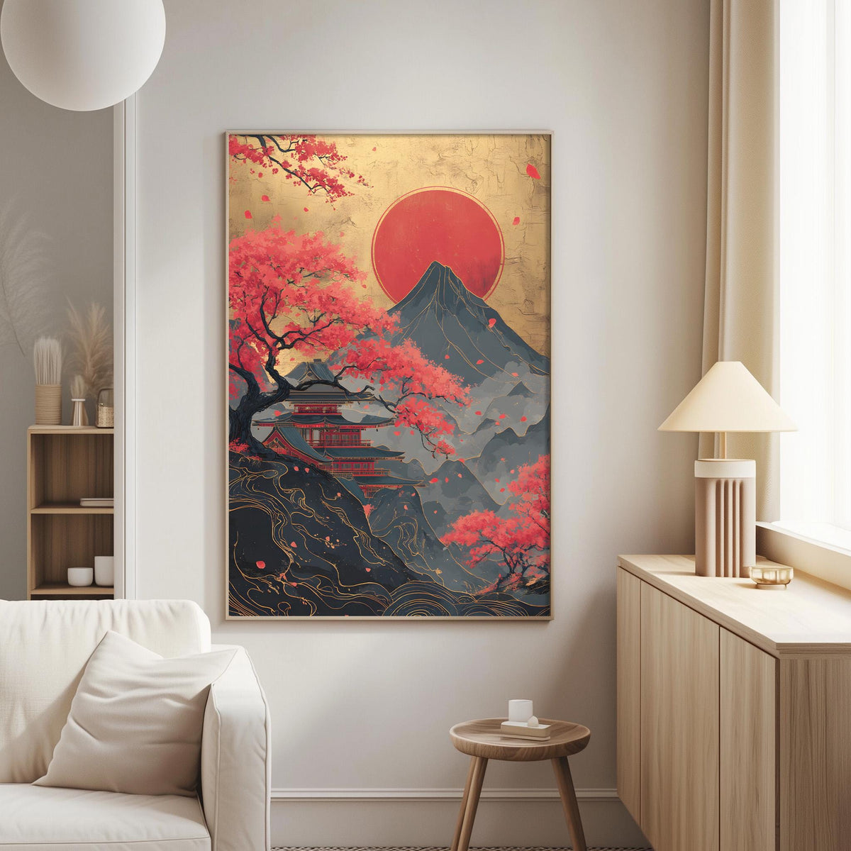 a large, colorful painting of a mountainous landscape with a temple in the background, hanging on a wall in a living room.