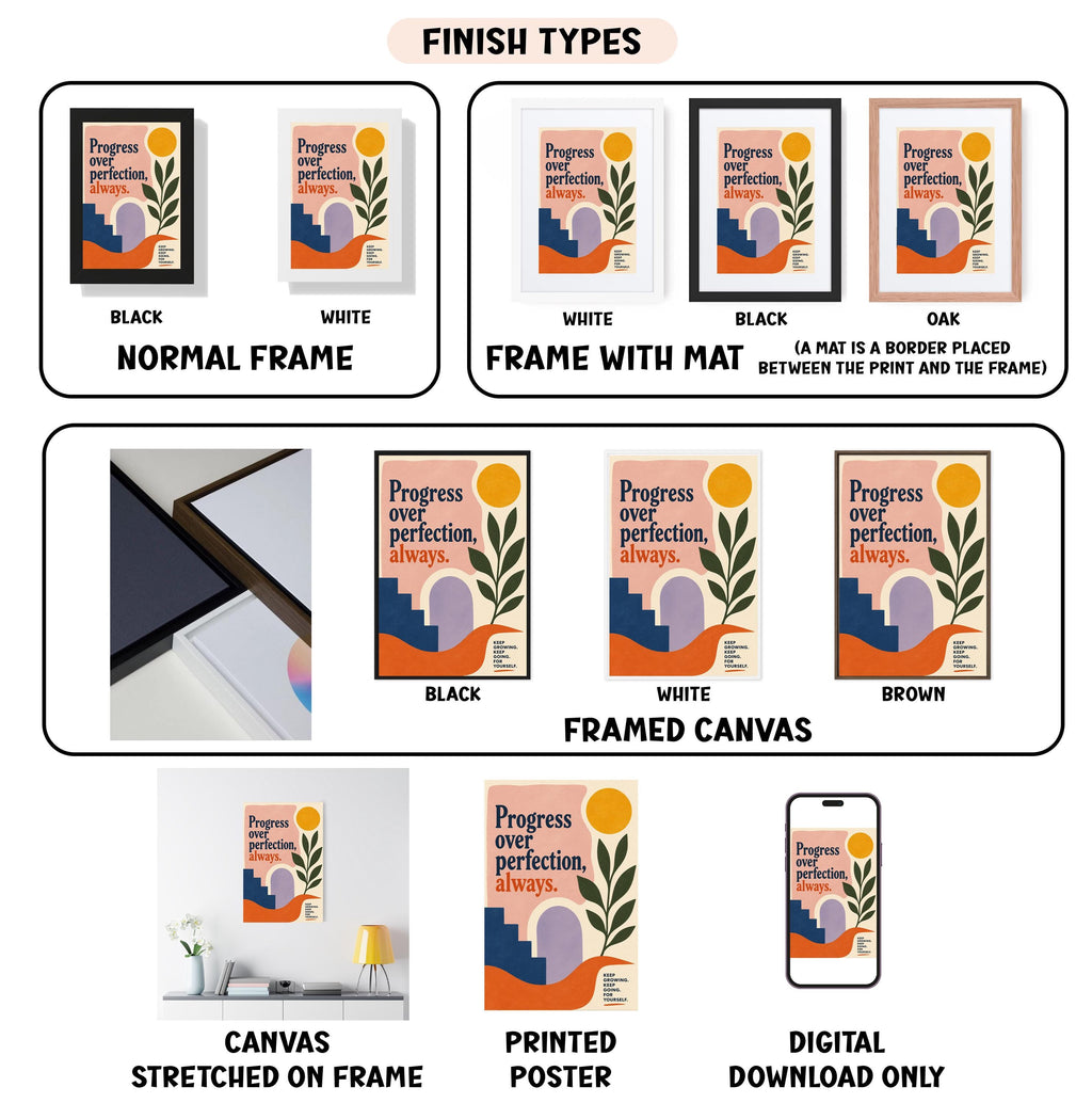 various framed artworks and a digital poster, each with different finishes and frame types.