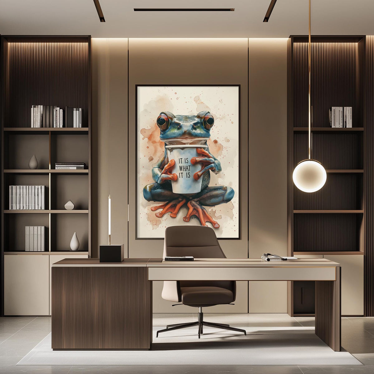a modern office space with a large framed artwork of a frog holding a coffee cup on the wall. The office has a wooden desk, a chair, and a bookshelf filled with books.
