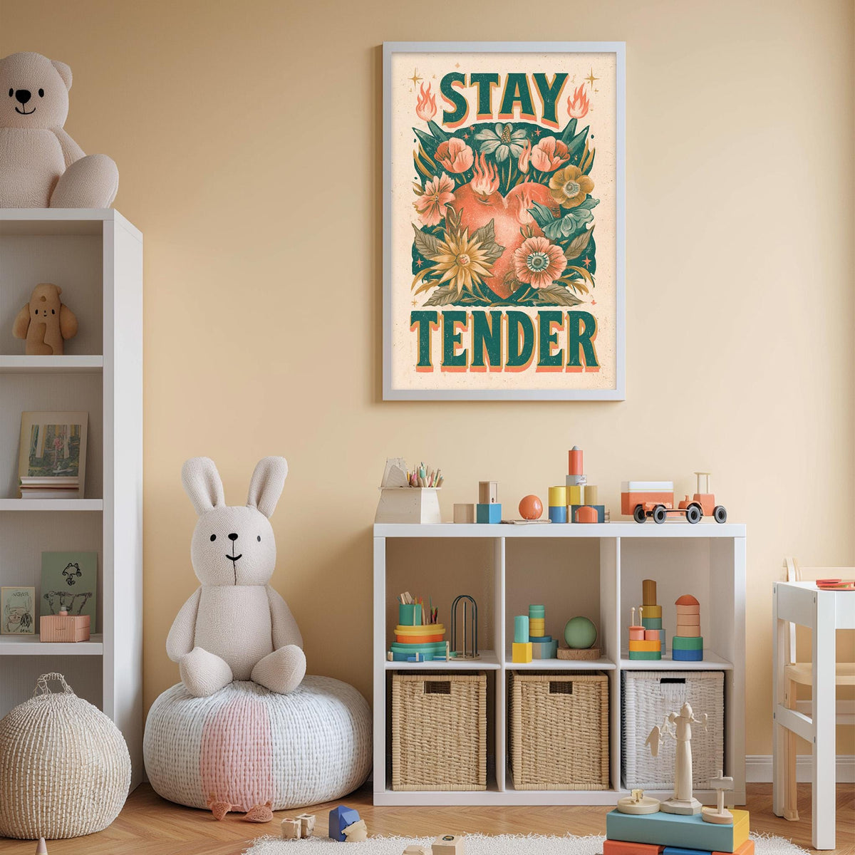 A child's bedroom with a white bookshelf, a stuffed rabbit, and a colorful poster on the wall. The poster has the text "STAY TENDER" and features a floral design.