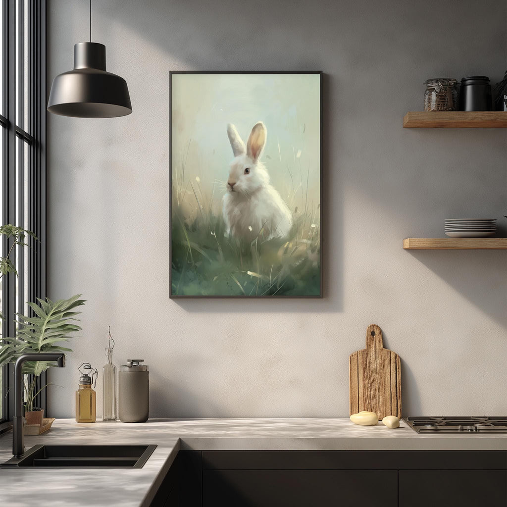 a kitchen counter with a framed painting of a white rabbit in a field of grass hanging on the wall above it.