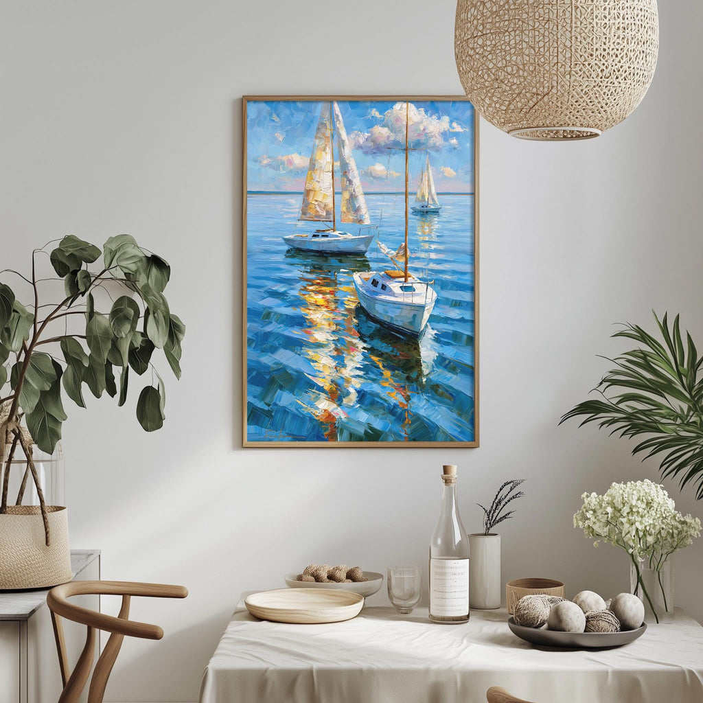 a painting of sailboats on the water, hanging on a wall above a dining table with various decorative items and plants.