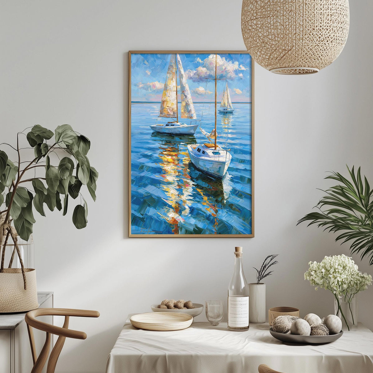 a painting of sailboats on the water, hanging on a wall above a dining table with various decorative items and plants.