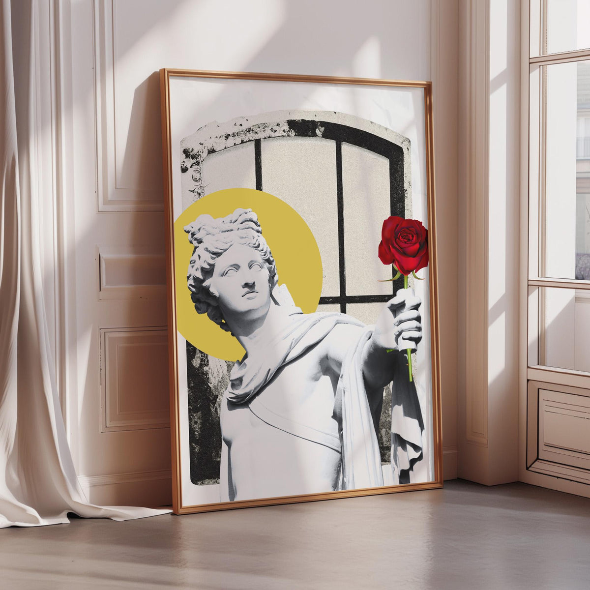 a large framed artwork depicting a statue of a woman holding a red rose, with a yellow circle in the background.